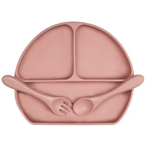 cottonbebe baby plates with suction, non slip silicone suction plate for baby 6-36 months boy & girl, dishwasher safe baby led weaning supplies, toddler fork spoon utensils set for highchair, brown