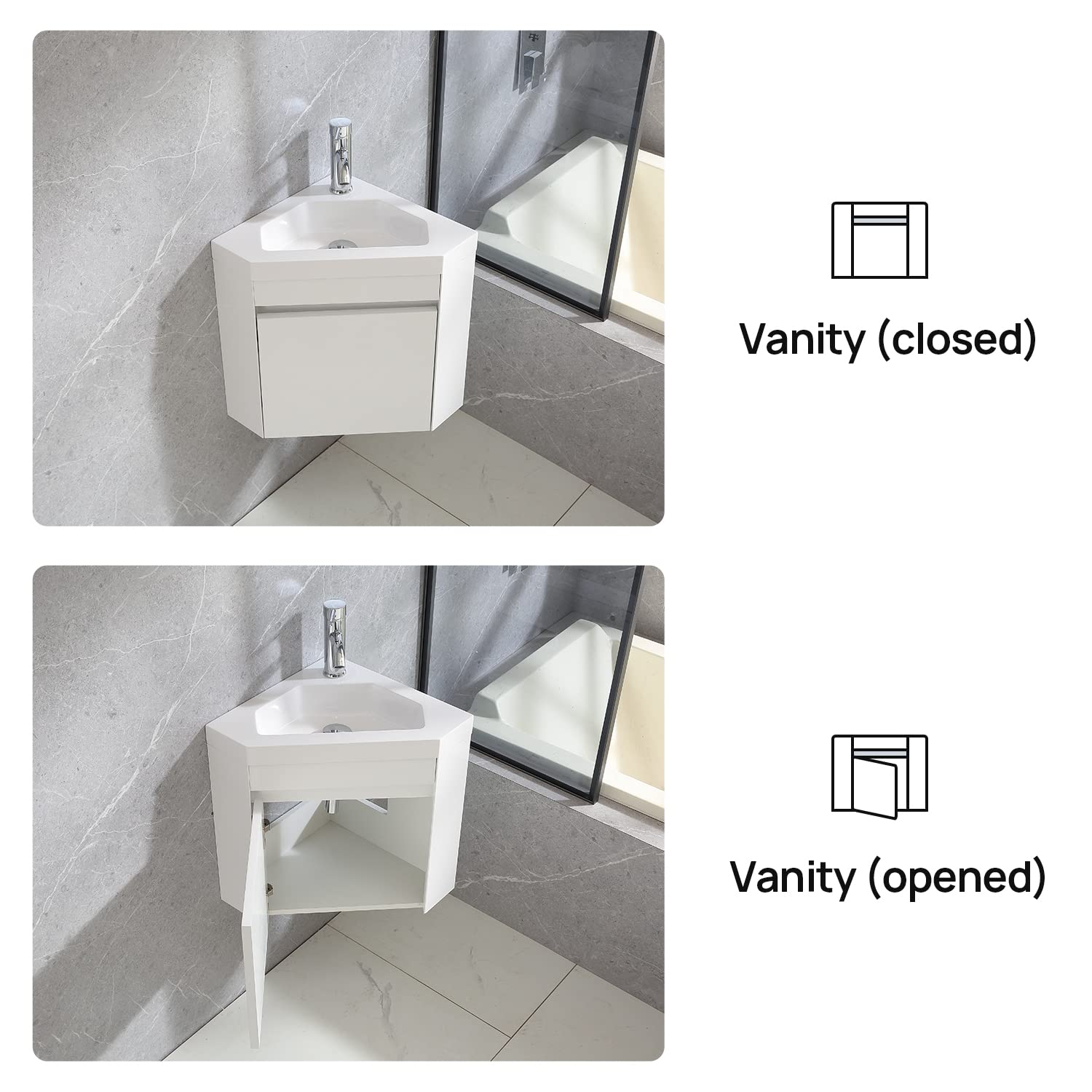 wonline 16" Corner Bathroom Vanity Sink Combo for Small Space Wall Mounted Cabinet Set Design White Resin Basin Sink Top Chrome Faucet and Drain