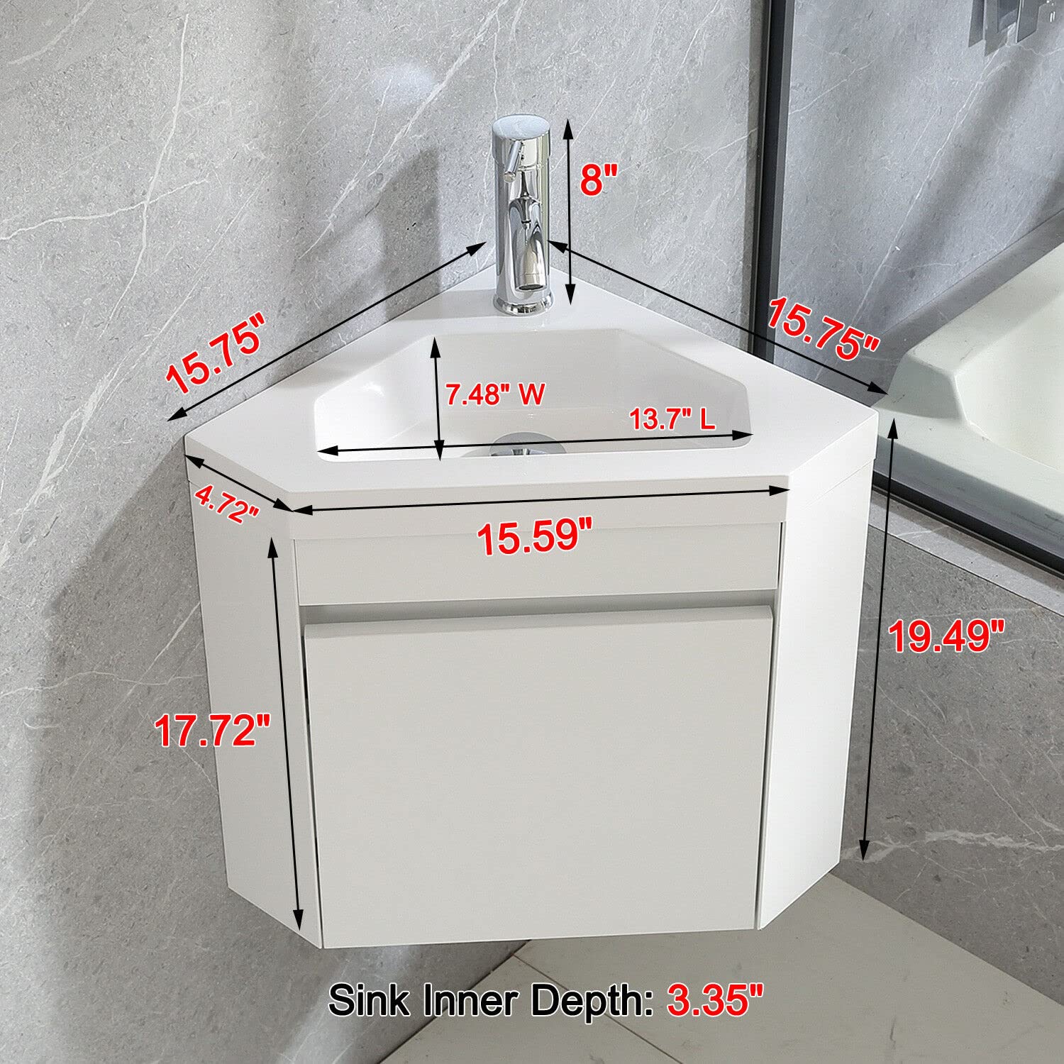 wonline 16" Corner Bathroom Vanity Sink Combo for Small Space Wall Mounted Cabinet Set Design White Resin Basin Sink Top Chrome Faucet and Drain