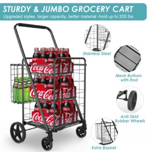 Shopping Cart for Groceries,Jumbo Upgraded Grocery Cart with Waterproof Liner, 360° Rolling Swivel Wheels and Double Basket, Heavy Duty Folding Shopping Cart for Shopping Laundry-Hold Up to 340 LBS