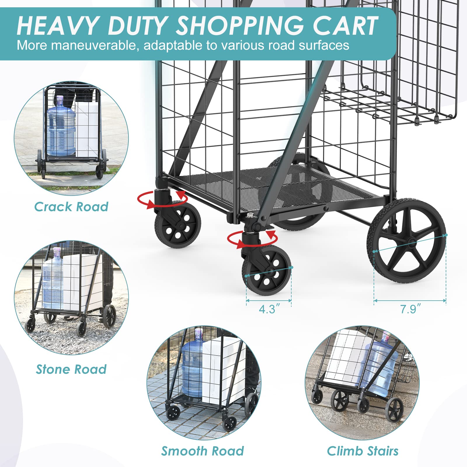 Shopping Cart for Groceries,Jumbo Upgraded Grocery Cart with Waterproof Liner, 360° Rolling Swivel Wheels and Double Basket, Heavy Duty Folding Shopping Cart for Shopping Laundry-Hold Up to 340 LBS