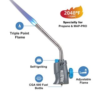 BLUEFIRE MRS-7014B Trigger Start Gas Welding Torch Head for Propane & MAP PRO Fuel,Extend 1.5" Burning Tube Nozzle Piezo Self Ignition Handhold Cylinder Soldering Brazing Triple-Point Flame