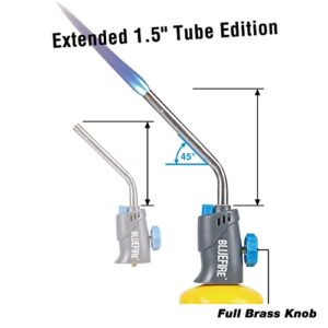 BLUEFIRE MRS-7014B Trigger Start Gas Welding Torch Head for Propane & MAP PRO Fuel,Extend 1.5" Burning Tube Nozzle Piezo Self Ignition Handhold Cylinder Soldering Brazing Triple-Point Flame