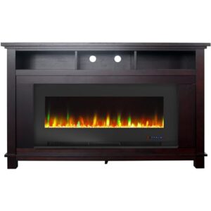 hanover winchester mahogany electric fireplace tv stand mantel with crystal rock display, realistic led multi-color flames, fireplace heater entertainment center with a/v shelves and remote control