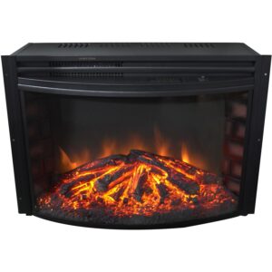 hanover fireside 5116 btu 25'' freestanding black curved electric fireplace with log display and realistic flames, versatile modern wall fireplace heater for home and office with remote control