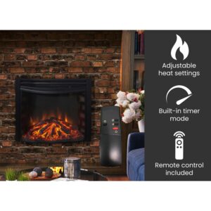 Hanover Fireside 5116 BTU 25'' Freestanding Black Curved Electric Fireplace with Log Display and Realistic Flames, Versatile Modern Wall Fireplace Heater for Home and Office with Remote Control