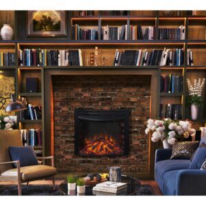 Hanover Fireside 5116 BTU 25'' Freestanding Black Curved Electric Fireplace with Log Display and Realistic Flames, Versatile Modern Wall Fireplace Heater for Home and Office with Remote Control