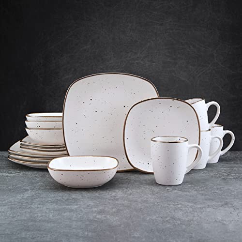 Pfaltzgraff Decker Square 16 Piece Dinnerware Set, Service for 4, White Speckled