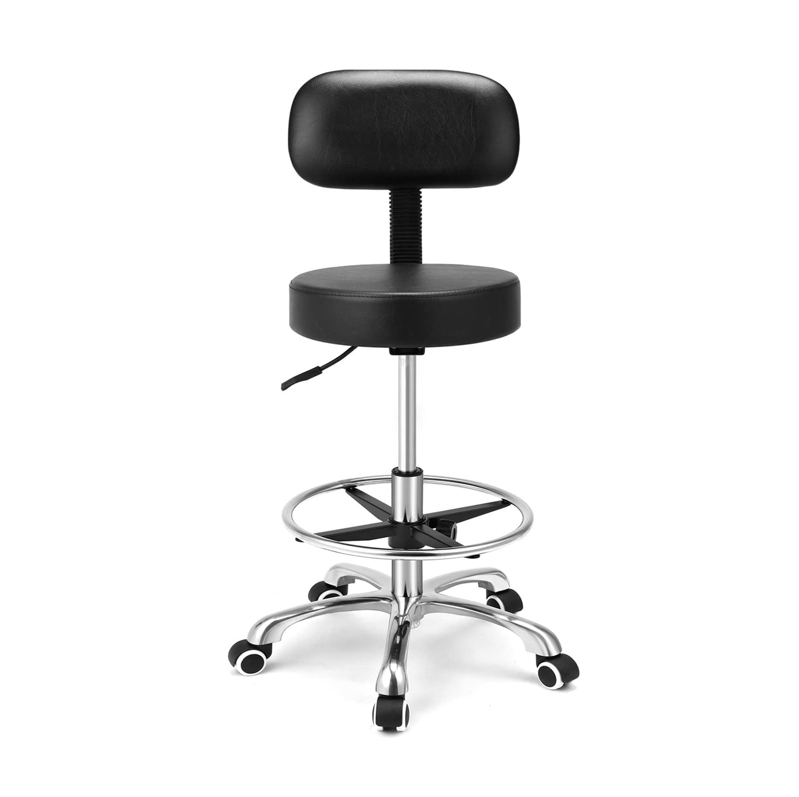 Kaleurrier Rolling Swivel Adjustable Heavy Duty Drafting Stool Chair for Salon,Medical,Office and Home uses,with Wheels and Back (Black with Footrest)