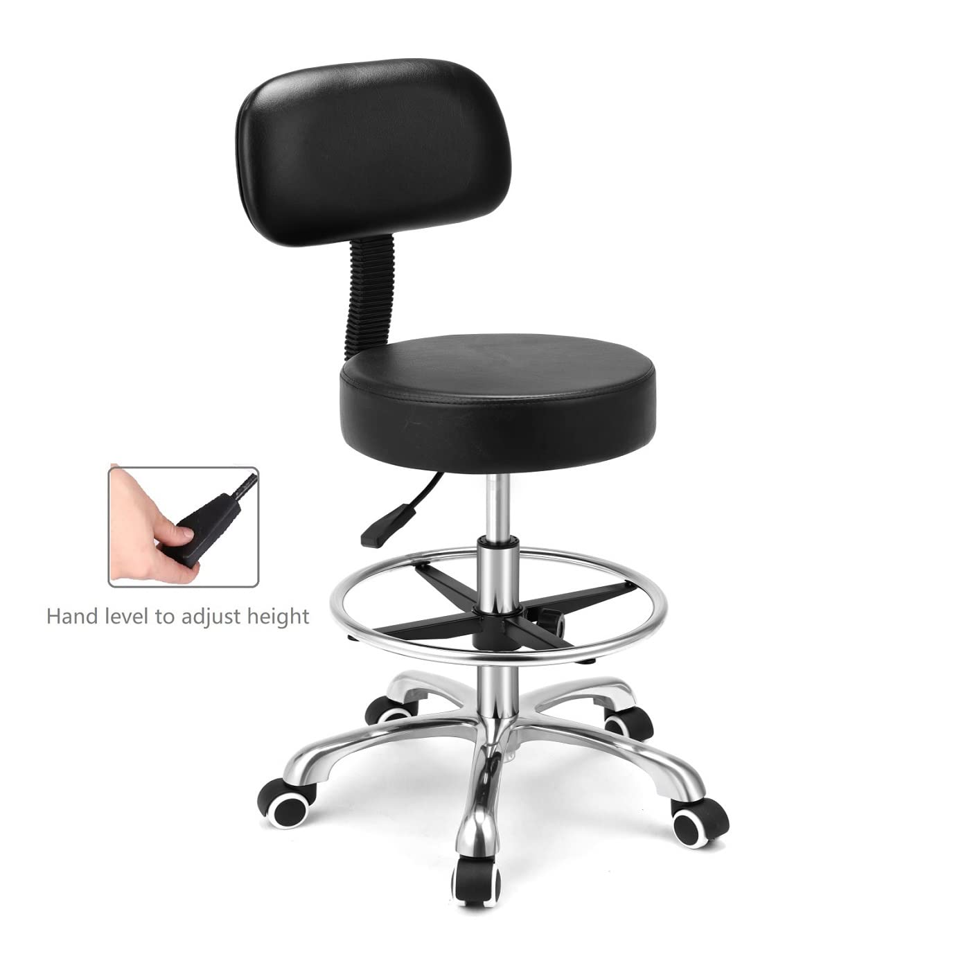 Kaleurrier Rolling Swivel Adjustable Heavy Duty Drafting Stool Chair for Salon,Medical,Office and Home uses,with Wheels and Back (Black with Footrest)
