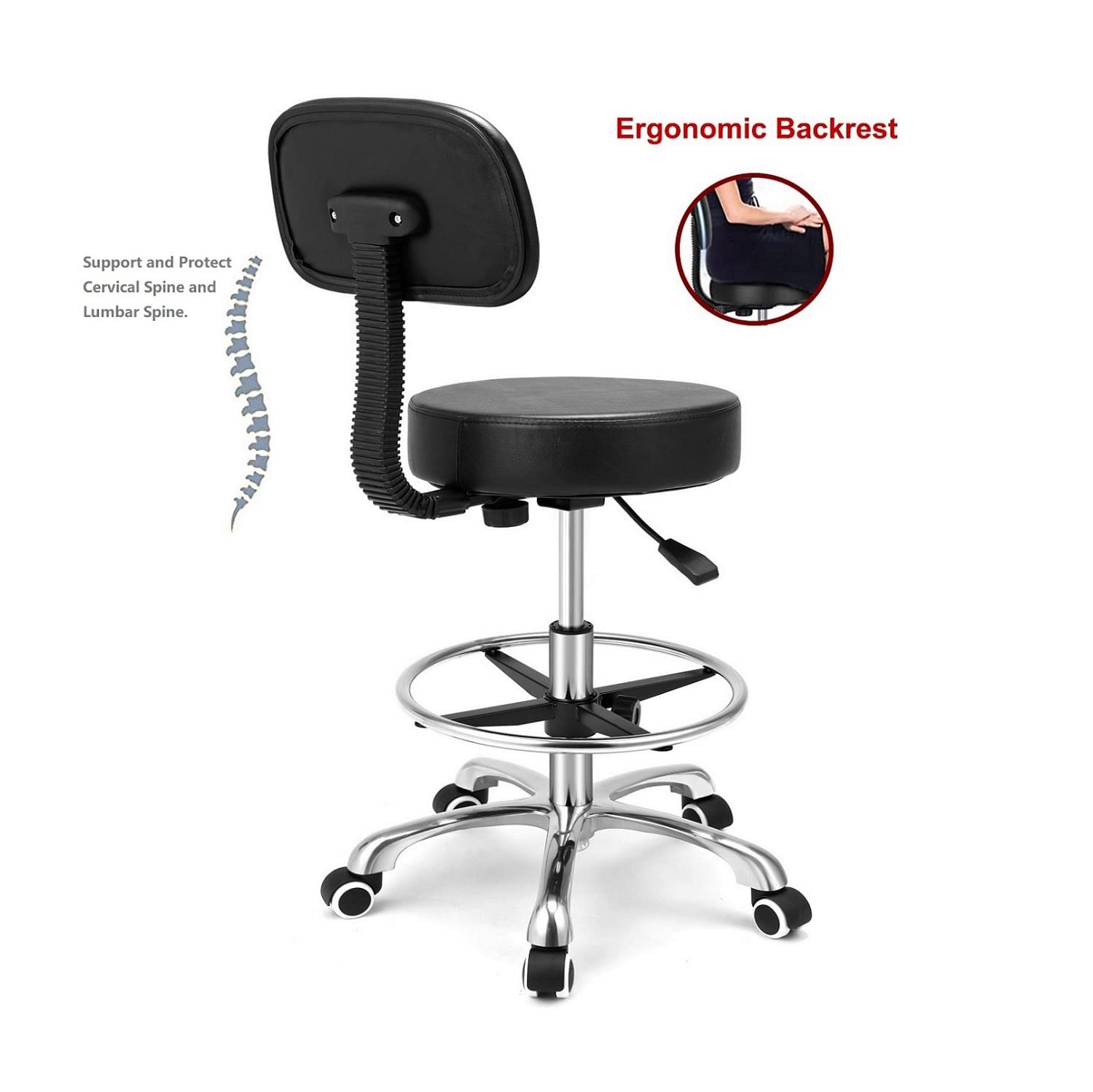 Kaleurrier Rolling Swivel Adjustable Heavy Duty Drafting Stool Chair for Salon,Medical,Office and Home uses,with Wheels and Back (Black with Footrest)