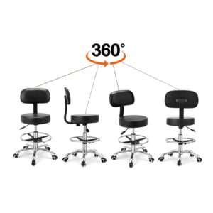 Kaleurrier Rolling Swivel Adjustable Heavy Duty Drafting Stool Chair for Salon,Medical,Office and Home uses,with Wheels and Back (Black with Footrest)