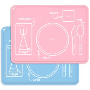 silicone kids placemats, non-slip portable montessori placemats for kids baby toddlers table setting mats, reusable dining food mat, 2pack, pink&baby blue
