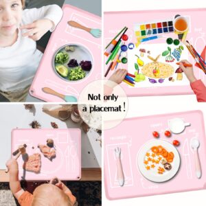 Silicone Kids Placemats, Non-Slip Portable Montessori Placemats for Kids Baby Toddlers Table Setting Mats, Reusable Dining Food Mat, 2Pack, Pink&Baby Blue