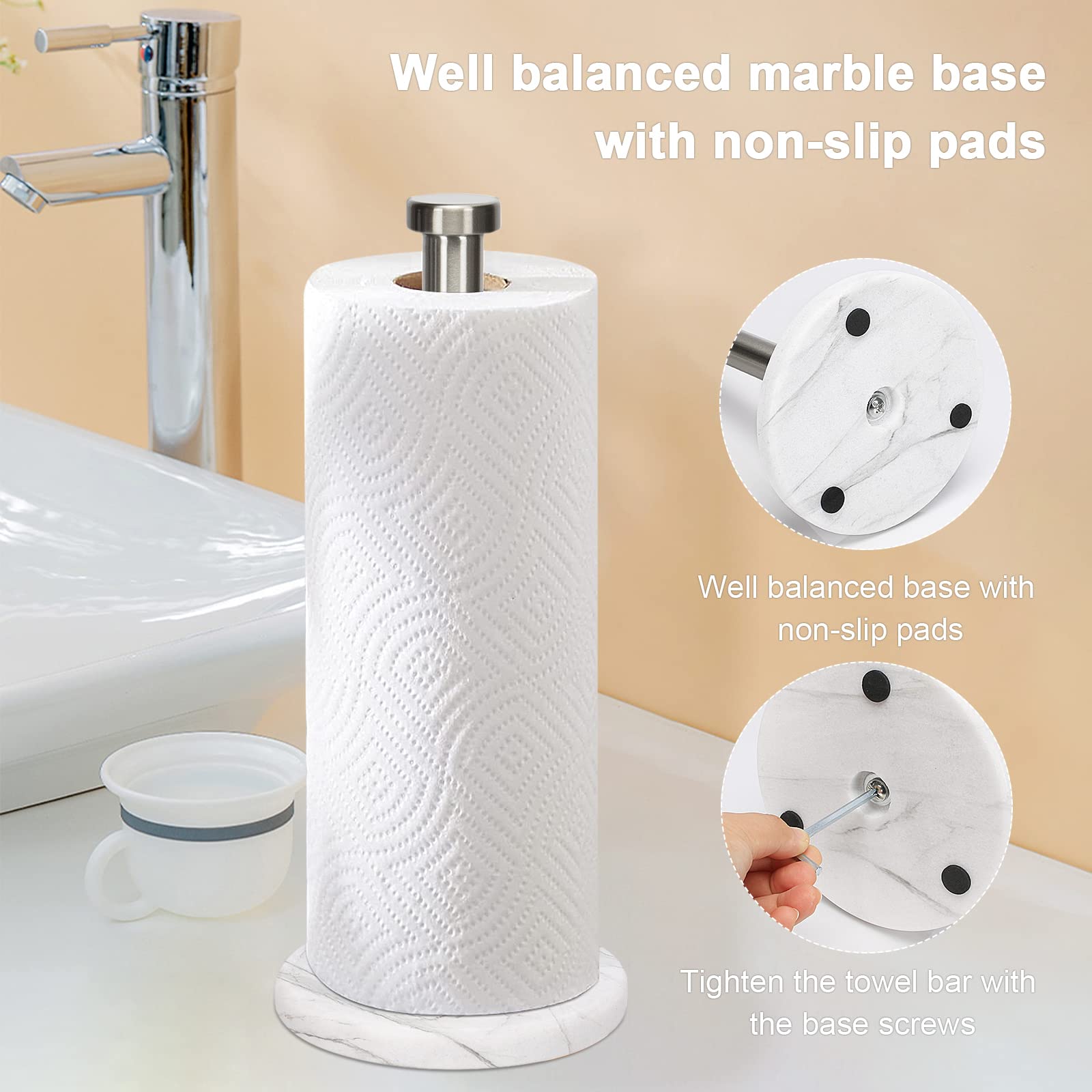 NearMoon Standing Paper Towel Holder, Kitchen Paper Towel Roll Holder- for Bathroom Kitchen Countertop, Standard or Jumbo-Sized Roll Holder (with Marble Base, Brushed Nickel)