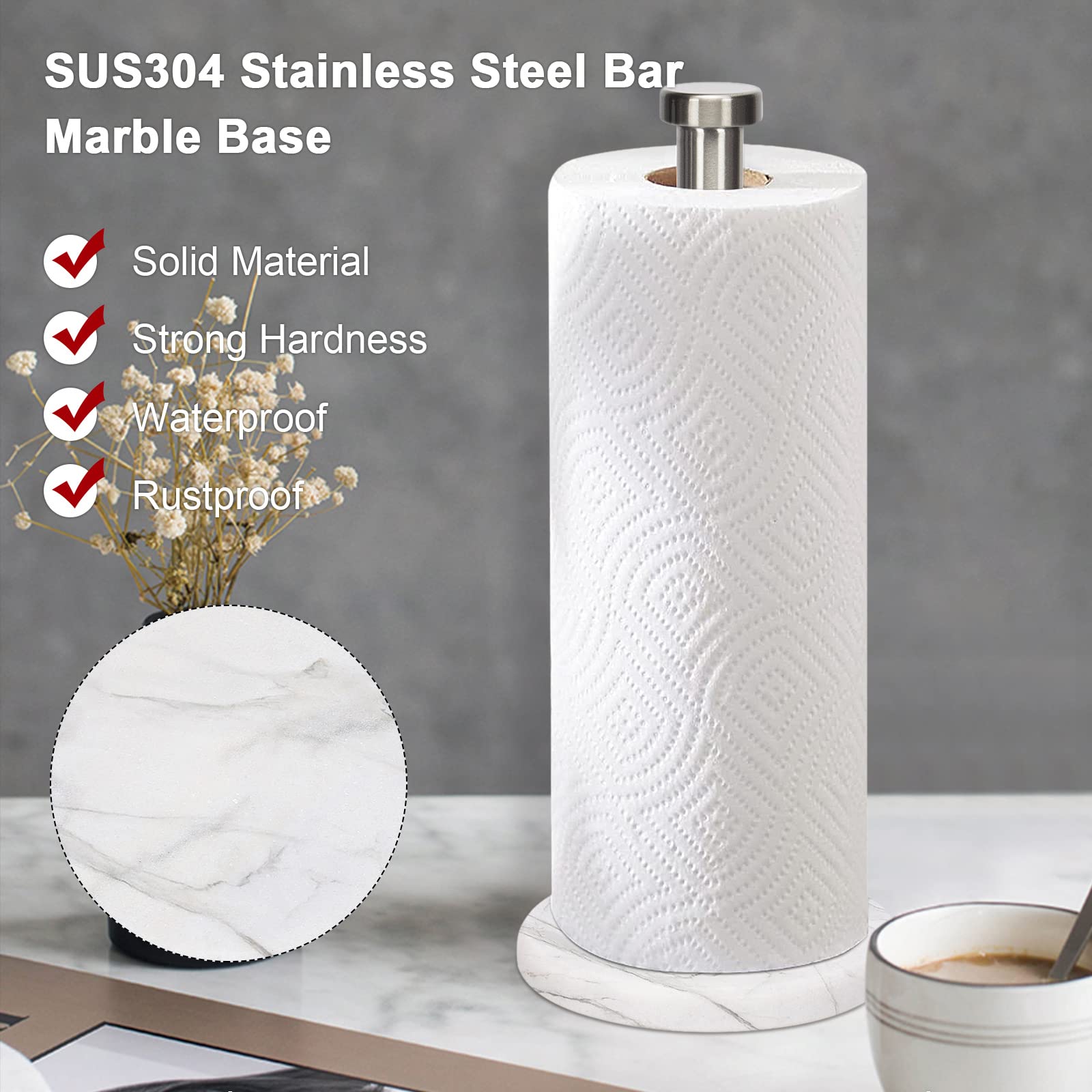 NearMoon Standing Paper Towel Holder, Kitchen Paper Towel Roll Holder- for Bathroom Kitchen Countertop, Standard or Jumbo-Sized Roll Holder (with Marble Base, Brushed Nickel)