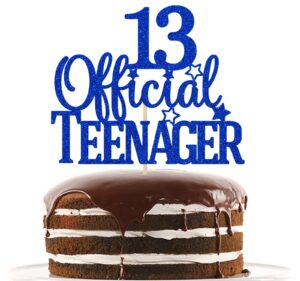 blue glitter 13 official teenager cake topper, cheers to 13 years decor, 13th birthday party decorations