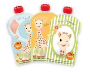 squiz - 3 swiss-made pack reusable food pouches 4,4 oz (130ml) - refillable squeeze food storage for baby, toddler and kids - washable and freezer safe bags - bpa free - sophie la girafe