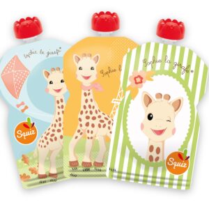 SQUIZ - 3 Swiss-Made Pack Reusable Food Pouches 4,4 oz (130ml) - Refillable Squeeze Food Storage for Baby, Toddler and Kids - Washable and Freezer Safe Bags - BPA Free - Sophie La Girafe