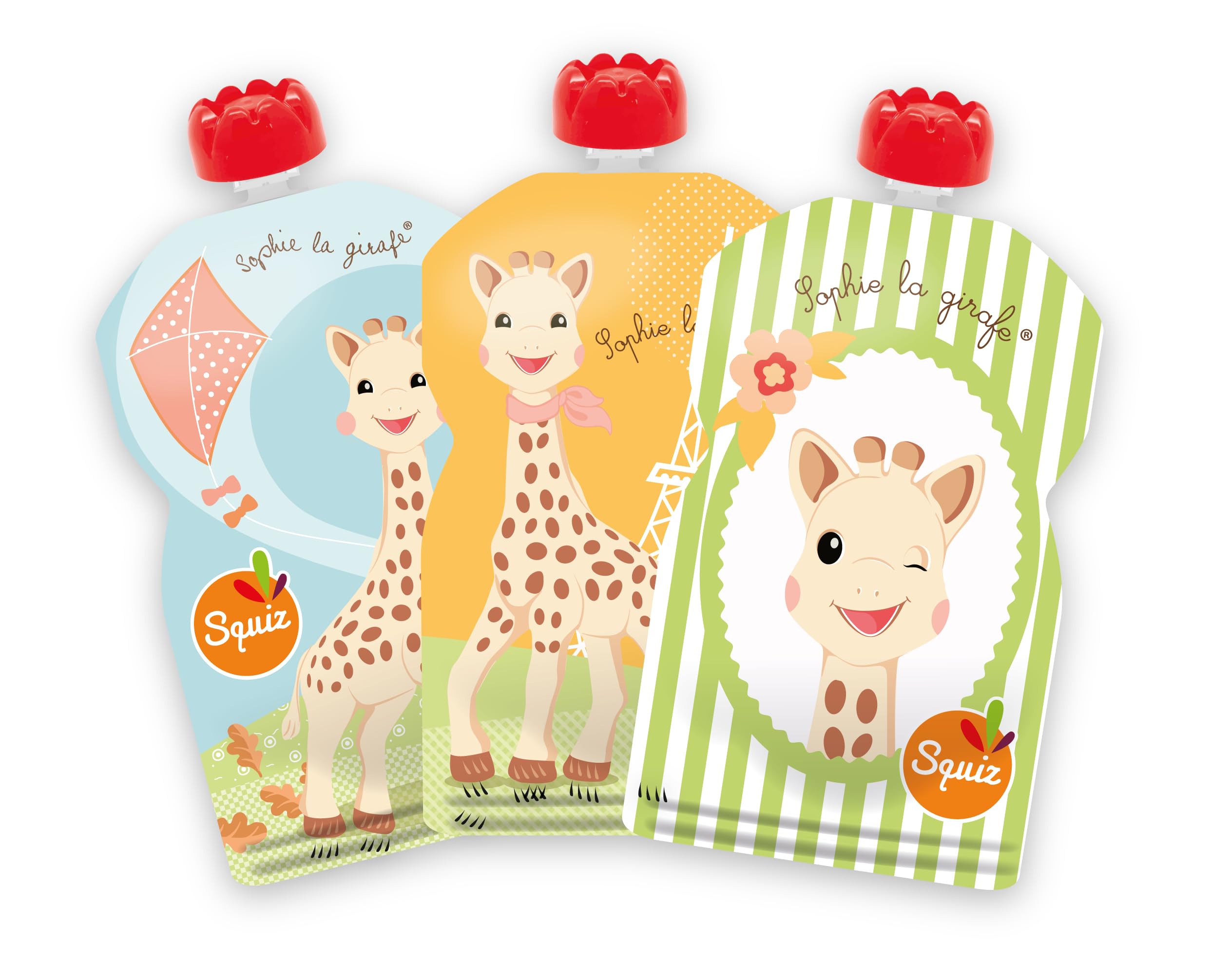 SQUIZ - 3 Swiss-Made Pack Reusable Food Pouches 4,4 oz (130ml) - Refillable Squeeze Food Storage for Baby, Toddler and Kids - Washable and Freezer Safe Bags - BPA Free - Sophie La Girafe