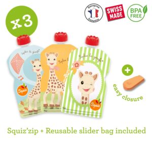 SQUIZ - 3 Swiss-Made Pack Reusable Food Pouches 4,4 oz (130ml) - Refillable Squeeze Food Storage for Baby, Toddler and Kids - Washable and Freezer Safe Bags - BPA Free - Sophie La Girafe