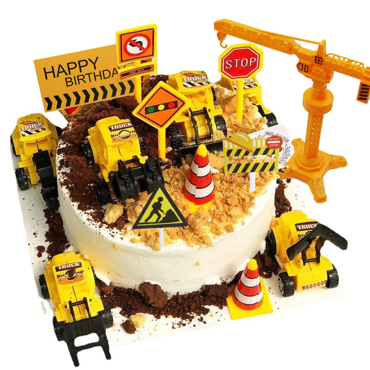 Nevperish 18 PCS Construction Cake Toppers Vehicles Cake Decoration Set Excavator Tower Crane Cupcake Topper Traffic and Road Sign Decor Happy Birthday Party Supplies Favors for Kids Boys