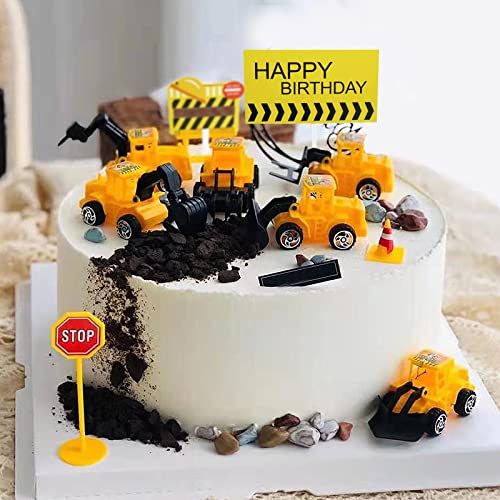 Nevperish 18 PCS Construction Cake Toppers Vehicles Cake Decoration Set Excavator Tower Crane Cupcake Topper Traffic and Road Sign Decor Happy Birthday Party Supplies Favors for Kids Boys