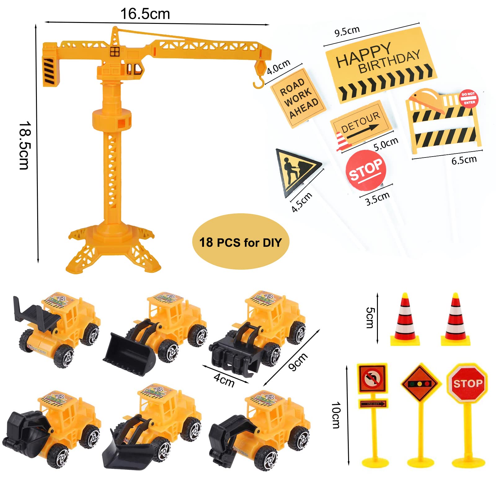 Nevperish 18 PCS Construction Cake Toppers Vehicles Cake Decoration Set Excavator Tower Crane Cupcake Topper Traffic and Road Sign Decor Happy Birthday Party Supplies Favors for Kids Boys