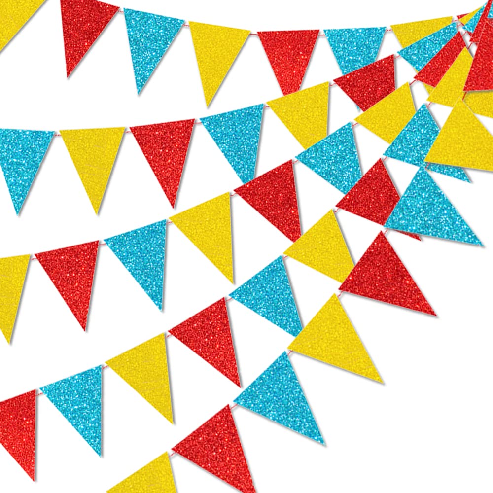 45 Pieces Colorful Pennant Flags - 49ft Carnival Theme Party Garland Banner Yellow Blue Red Glitter Paper Pennant Triangle Bunting Flag for Baby Shower Home Classroom Decor