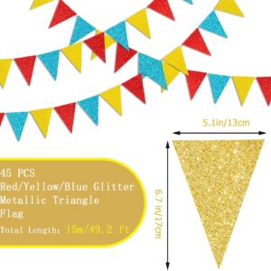 45 Pieces Colorful Pennant Flags - 49ft Carnival Theme Party Garland Banner Yellow Blue Red Glitter Paper Pennant Triangle Bunting Flag for Baby Shower Home Classroom Decor