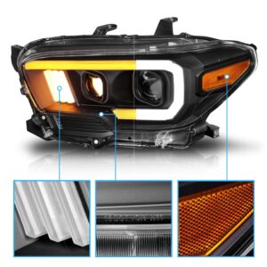 AmeriLite for 2016-2022 Toyota Tacoma SR SR5 [No LED DRL Bar Models] Switchback Tube Quad Projector Black Replacement Headlight Assembly Pair - Passenger and Driver Side