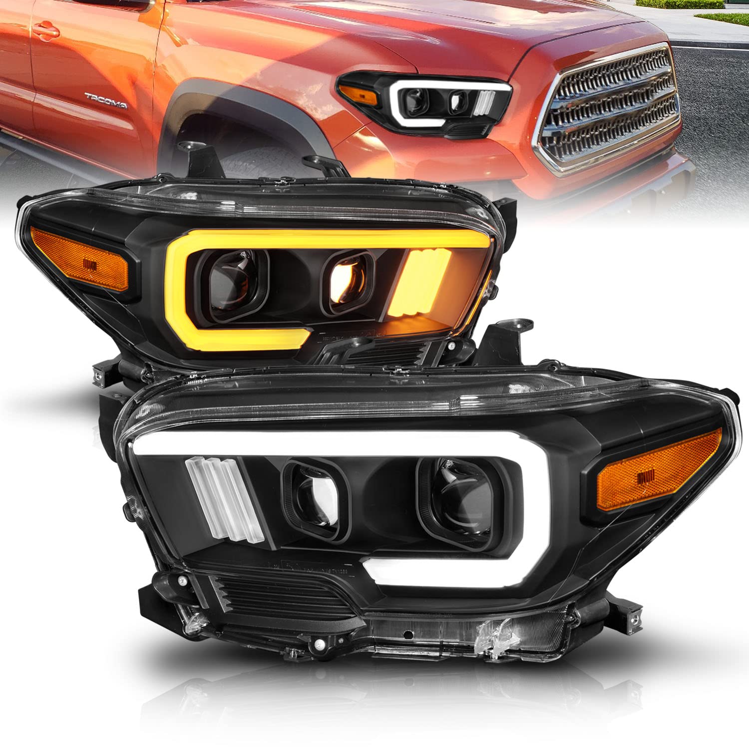 AmeriLite for 2016-2022 Toyota Tacoma SR SR5 [No LED DRL Bar Models] Switchback Tube Quad Projector Black Replacement Headlight Assembly Pair - Passenger and Driver Side