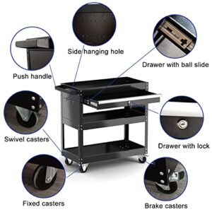 3-Tier Tool Cart Rolling Mechanic Service Cart on Wheels with Drawer, 330lbs Capacity Utility Cart, Big Rolling Tool Storage Cart and Tool Organizer for Garage Warehouse Workshop and Room (Black)