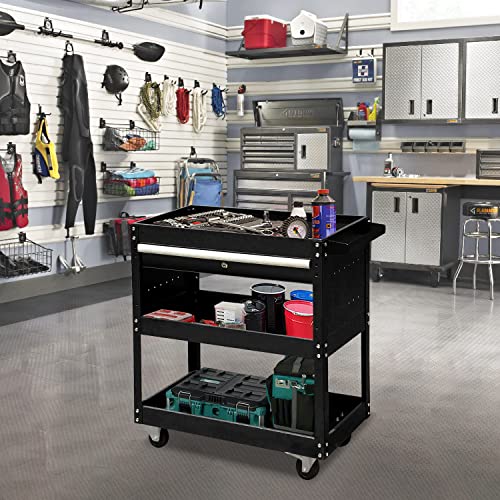 3-Tier Tool Cart Rolling Mechanic Service Cart on Wheels with Drawer, 330lbs Capacity Utility Cart, Big Rolling Tool Storage Cart and Tool Organizer for Garage Warehouse Workshop and Room (Black)