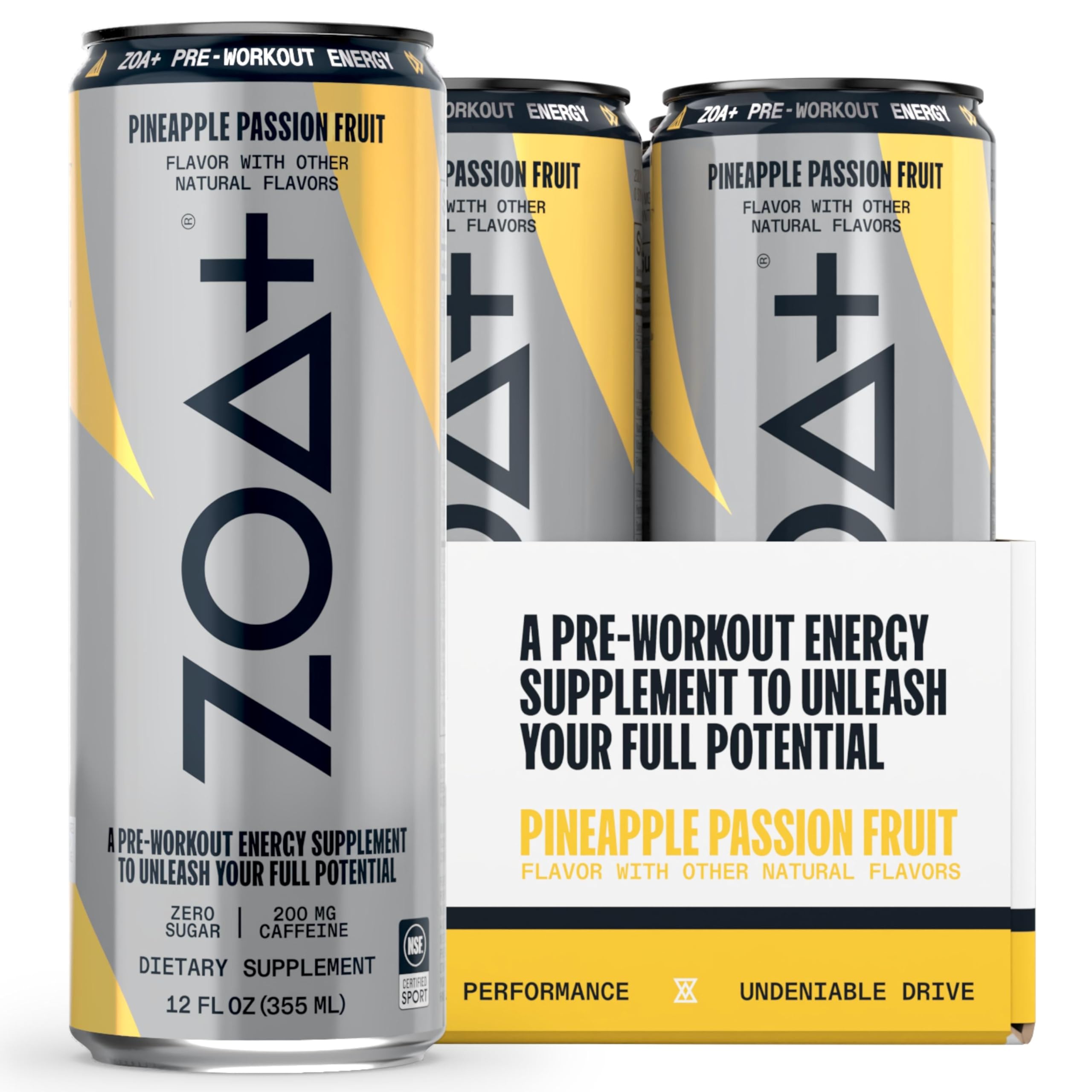 ZOA+ Pre-Workout Energy Drink Supplement - NSF Certified for Sport with Zero Sugar, Nitric Oxide Support, B & D Vitamins, Amino Acids, and Electrolytes (Pineapple Passion Fruit)