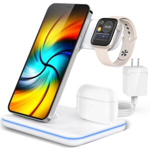 wireless charging station, 2023 upgraded 3 in 1 wireless charger stand with breathing indicator compatible with iphone 14/13/12/11 pro/xs, airpods 3/2/1/pro 2, iwatch series 8/7/6/5/4/3/ultra