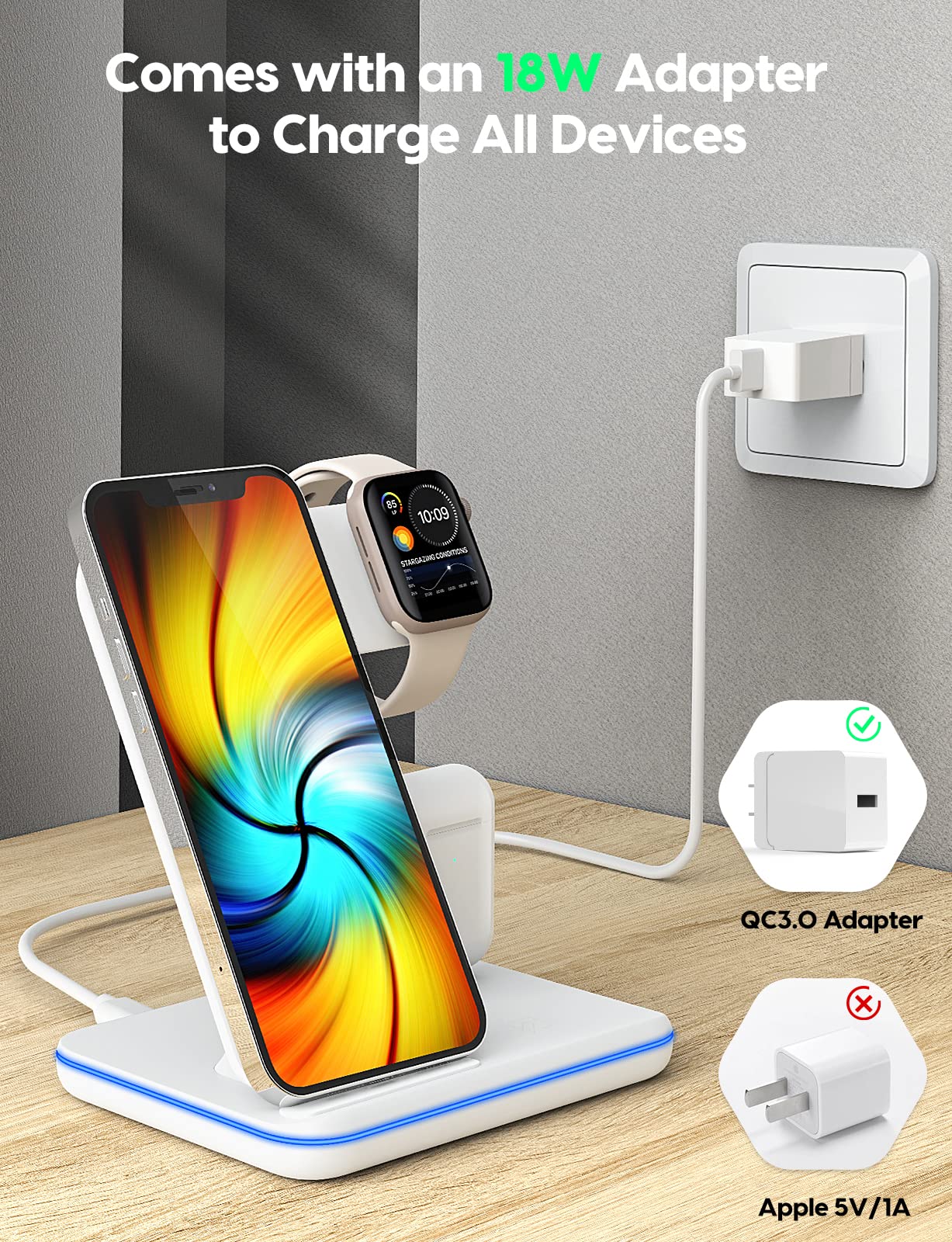 Wireless Charging Station, 2023 Upgraded 3 in 1 Wireless Charger Stand with Breathing Indicator Compatible with iPhone 14/13/12/11 Pro/XS, AirPods 3/2/1/pro 2, iWatch Series 8/7/6/5/4/3/Ultra