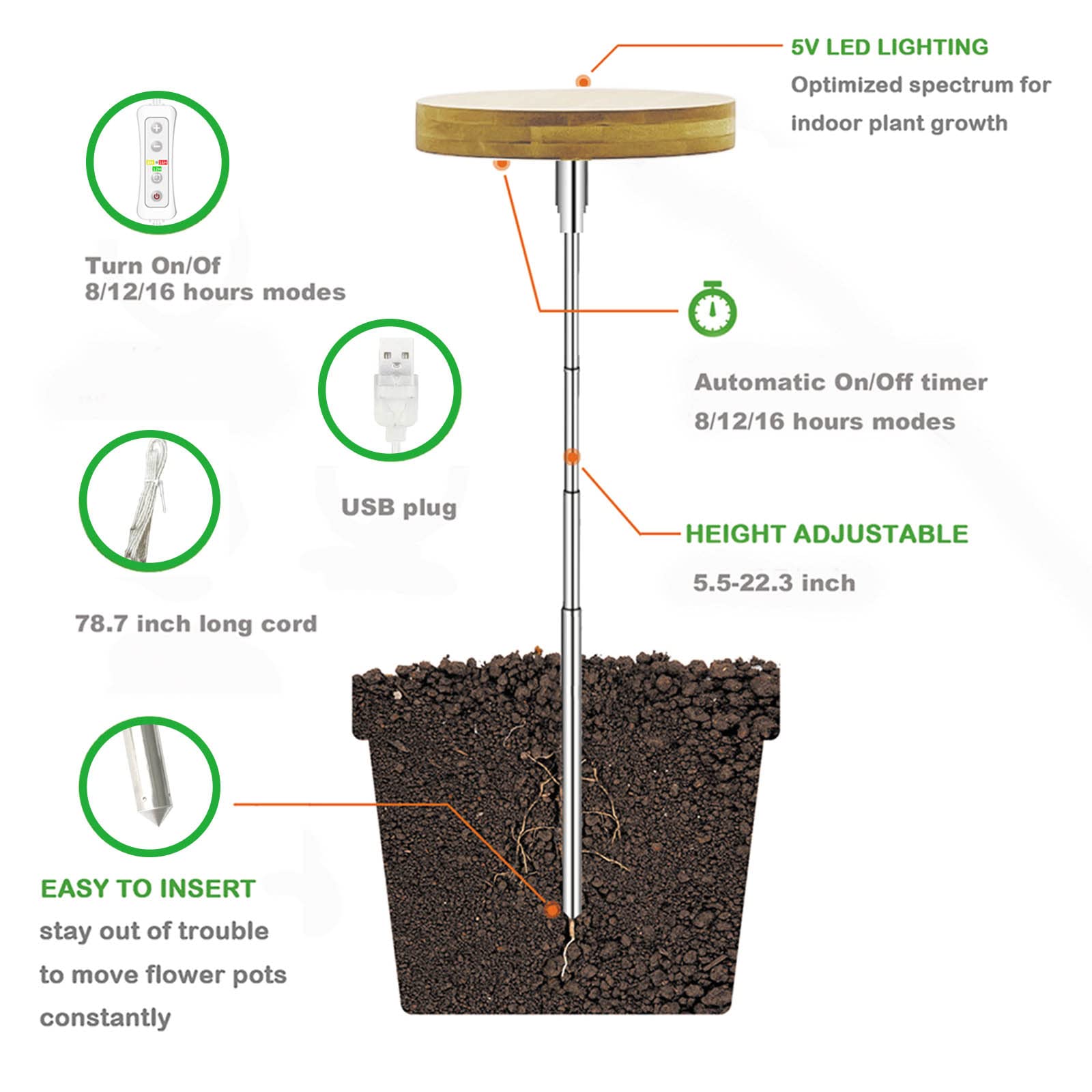 Plant Grow Light for Indoor Plant,Bamboo Mini LED Grow Light Garden,Height Adjustable,Automatic Timer with 8/12/16 Hours