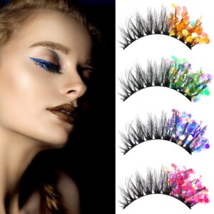 halloween false lashes 6d fluffy glitter eyelashes long dramatic colorful lashes fun fake eyelashes wispy mink costume eyelashes for halloween cosplay drag queen makeup, 4 pairs(elegant style)