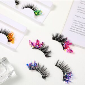 Halloween False Lashes 6D Fluffy Glitter Eyelashes Long Dramatic Colorful Lashes Fun Fake Eyelashes Wispy Mink Costume Eyelashes for Halloween Cosplay Drag Queen Makeup, 4 Pairs(Elegant Style)