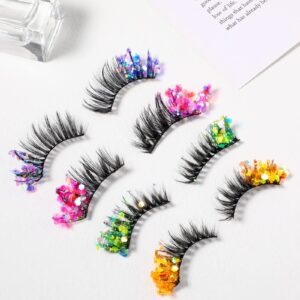 Halloween False Lashes 6D Fluffy Glitter Eyelashes Long Dramatic Colorful Lashes Fun Fake Eyelashes Wispy Mink Costume Eyelashes for Halloween Cosplay Drag Queen Makeup, 4 Pairs(Elegant Style)