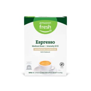 amazon fresh espresso medium roast aluminum capsules, compatible with nespresso original brewers, intensity 8/13, 50 count (5 packs of 10)