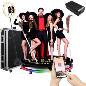 harzhi 360 photo booth with flight case 100cm /39.4" + 24v battery, 360 photo booth machine for parties christmas wedding,software app remote control automatic spin accessories for 5-7 people