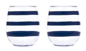 kate spade new york stemless wine glass set of 2, bpa-free acrylic glasses, 14 ounce capacity plastic wine cups, navy stripe