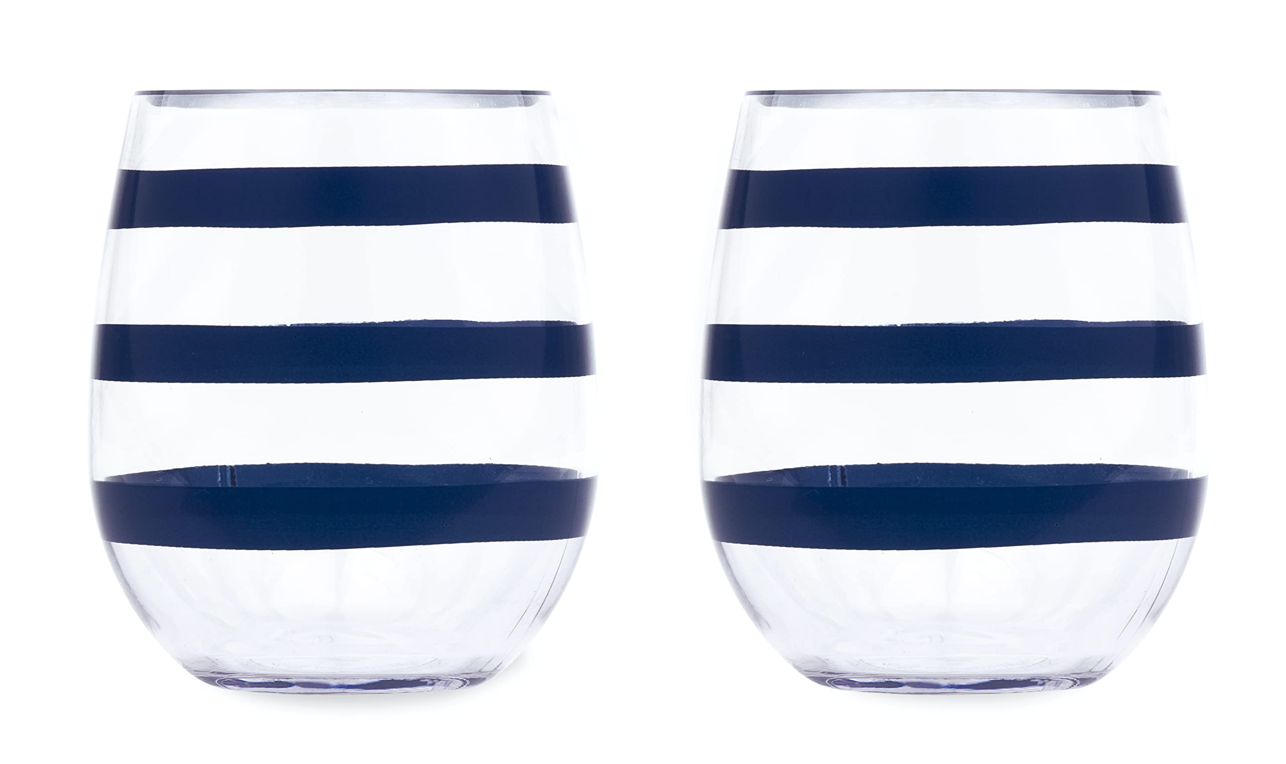 Kate Spade New York Stemless Wine Glass Set of 2, BPA-free Acrylic Glasses, 14 Ounce Capacity Plastic Wine Cups, Navy Stripe