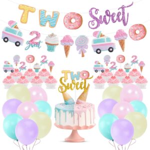 two sweet ice cream birthday party decorations, two sweet party banner cake cupcake toppers macaron balloons for kid ice cream/donut theme second birthday party girls ice cream 2nd bday party supplies