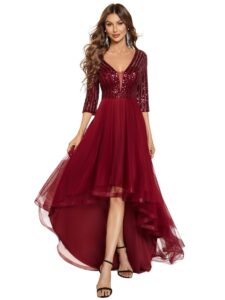 ever-pretty women's high low a-line sequin 3/4 sleeve tulle evening party dress burgundy us4