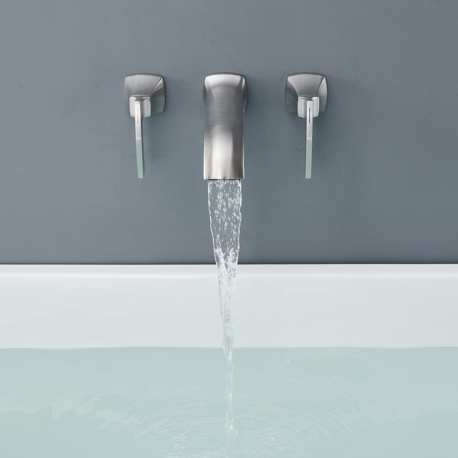 Qinkell Wall Mount Tub Filler Roman Tub Faucet High Flow Long Spout Reach Brushed Nickel Bathtub Faucets with 2 Handles