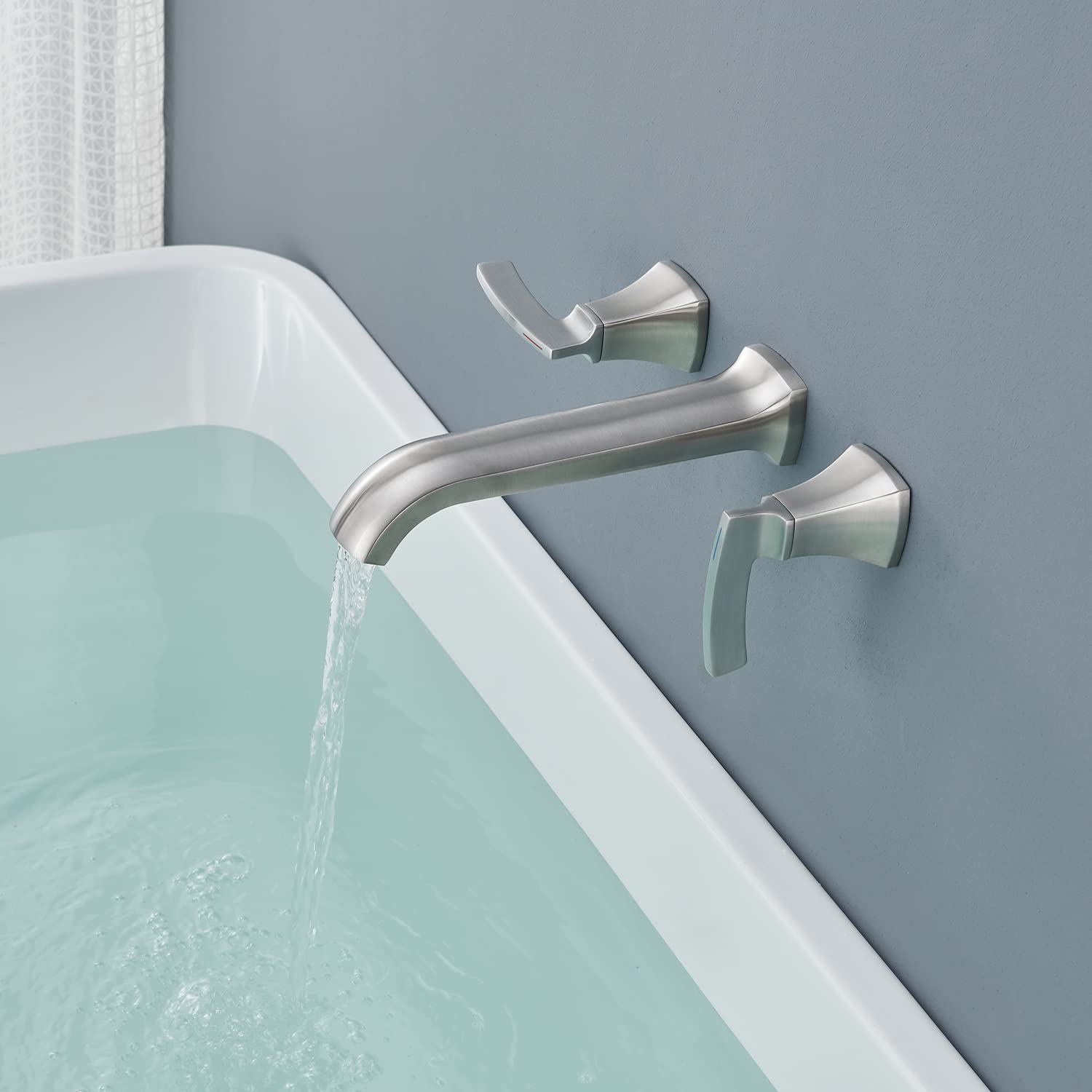 Qinkell Wall Mount Tub Filler Roman Tub Faucet High Flow Long Spout Reach Brushed Nickel Bathtub Faucets with 2 Handles