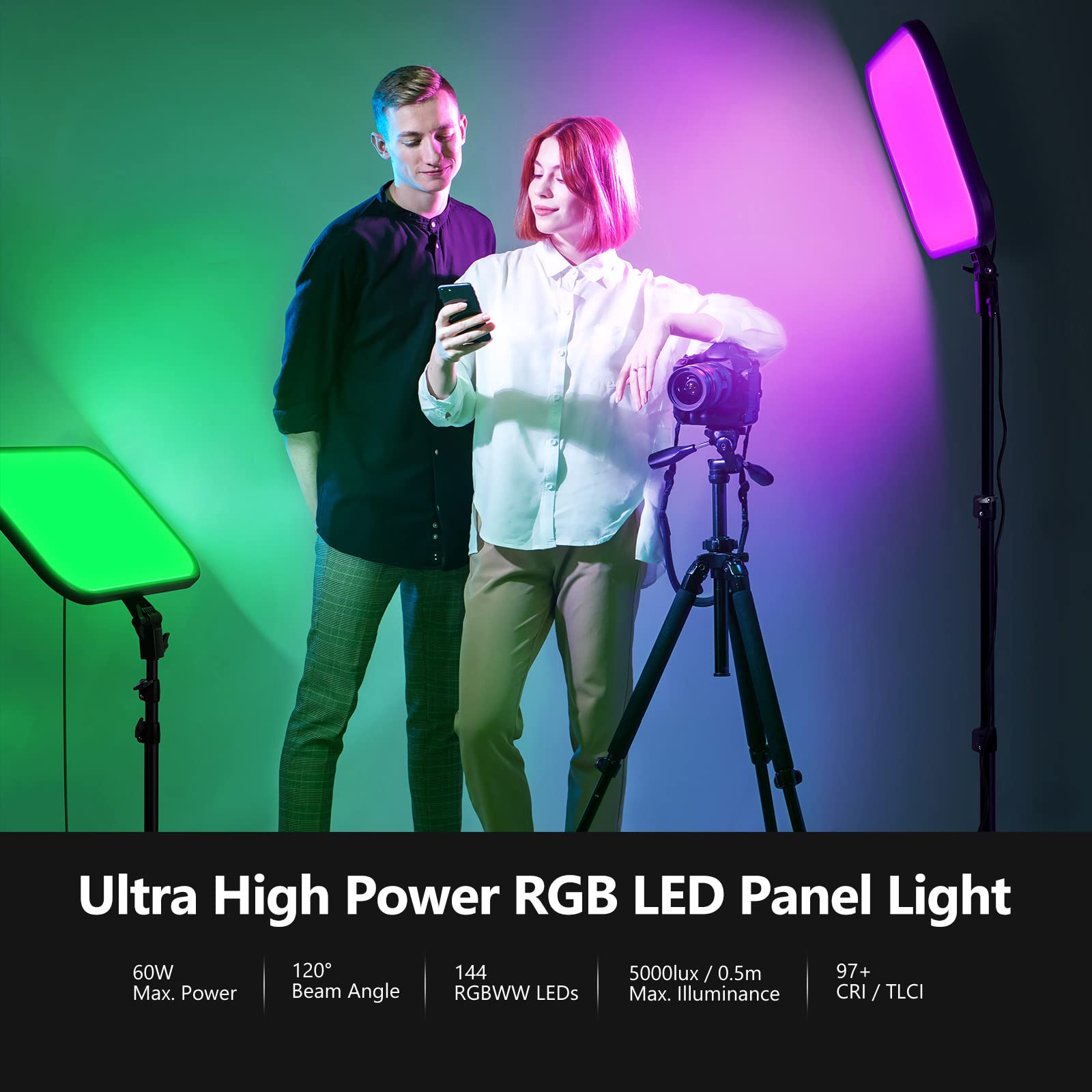 NEEWER 18.3" RGB LED Video Light Panel with App Control Stand Kit 2 Packs, 360° Full Color, 60W Dimmable 2500K~8500K RGB168 LED Panel CRI 97+ with 17 Scene Effect for Game/YouTube/Zoom/Photography